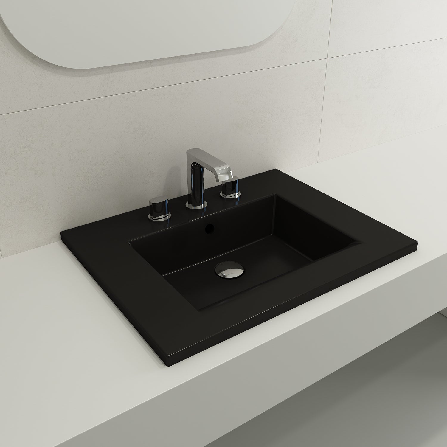 BOCCHI Ravenna 25" Rectangle Wallmount Fireclay Bathroom Sink, Matte Black, 3 Faucet Hole, 1161-004-0127