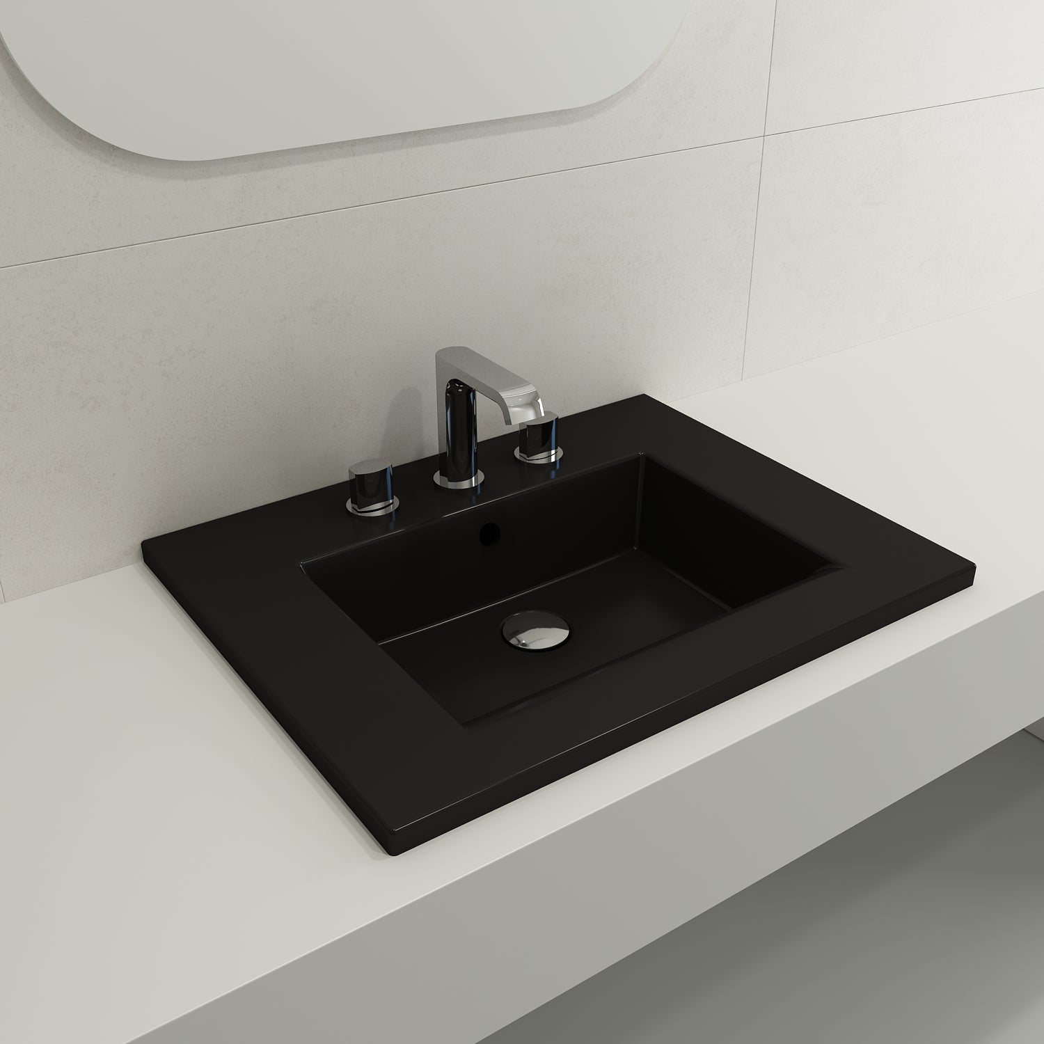 BOCCHI Ravenna 25" Rectangle Wallmount Fireclay Bathroom Sink, Matte Black, 3 Faucet Hole, 1161-004-0127