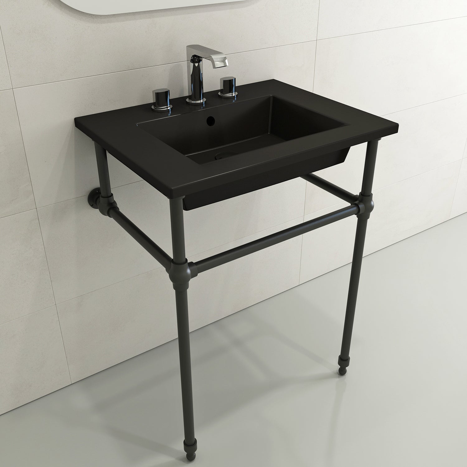 BOCCHI Ravenna 25" Rectangle Wallmount Fireclay Bathroom Sink, Matte Black, 3 Faucet Hole, 1161-004-0127
