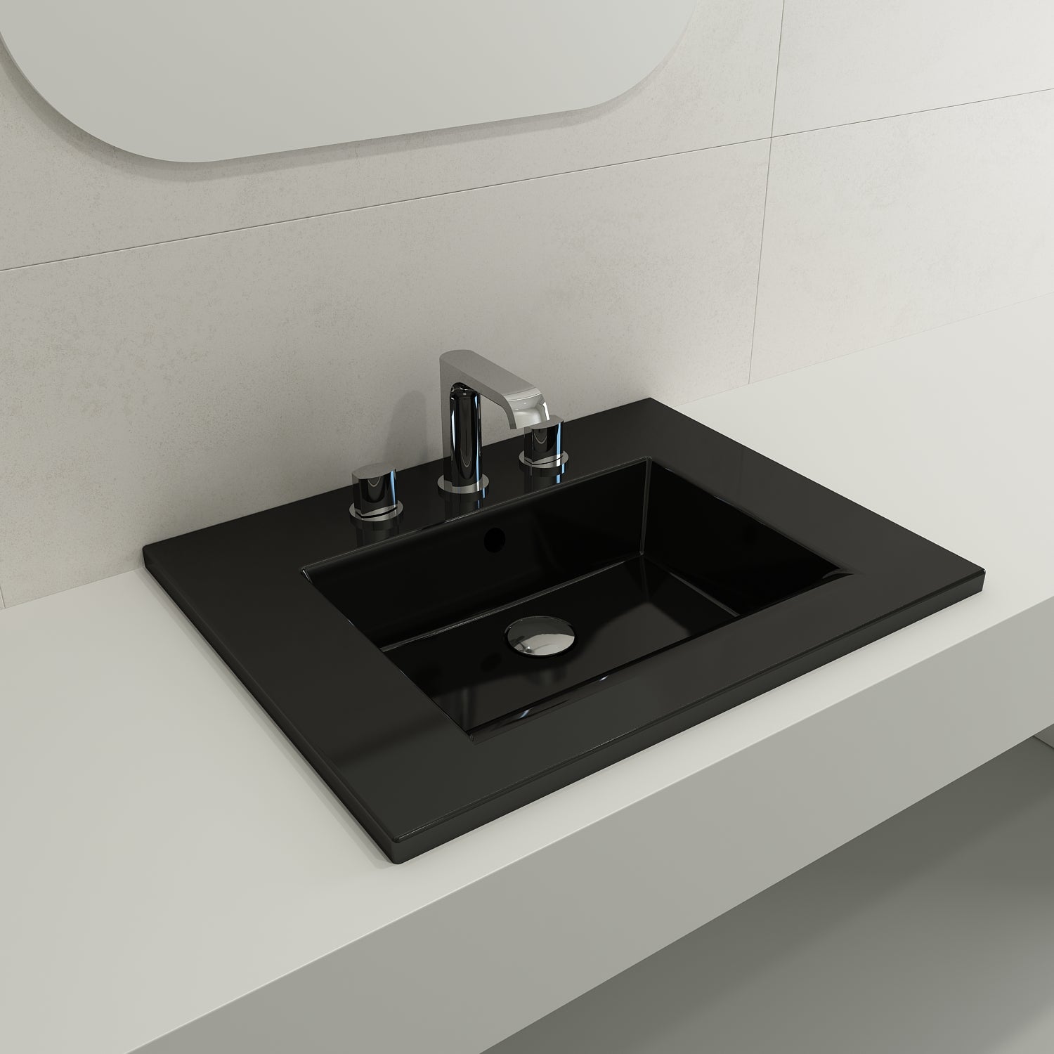 BOCCHI Ravenna 25" Rectangle Wallmount Fireclay Bathroom Sink, Black, 3 Faucet Hole, 1161-005-0127