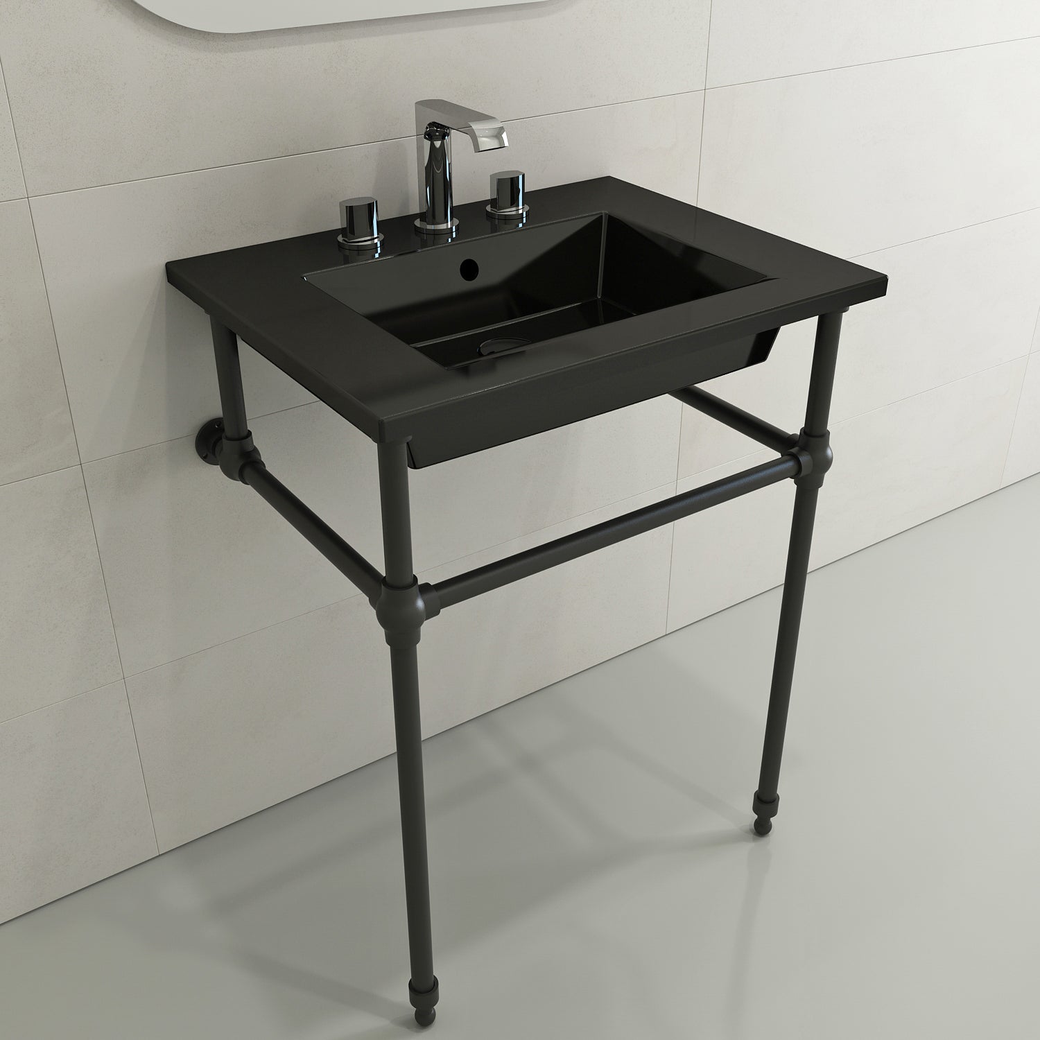 BOCCHI Ravenna 25" Rectangle Wallmount Fireclay Bathroom Sink, Black, 3 Faucet Hole, 1161-005-0127