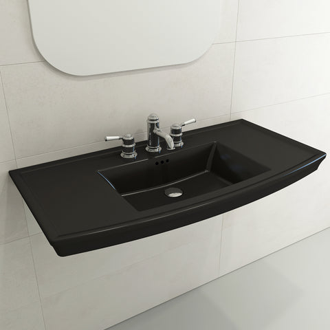 BOCCHI Lavita 40" Rectangle Wallmount Fireclay Bathroom Sink, Matte Black, 3 Faucet Hole, 1168-004-0127