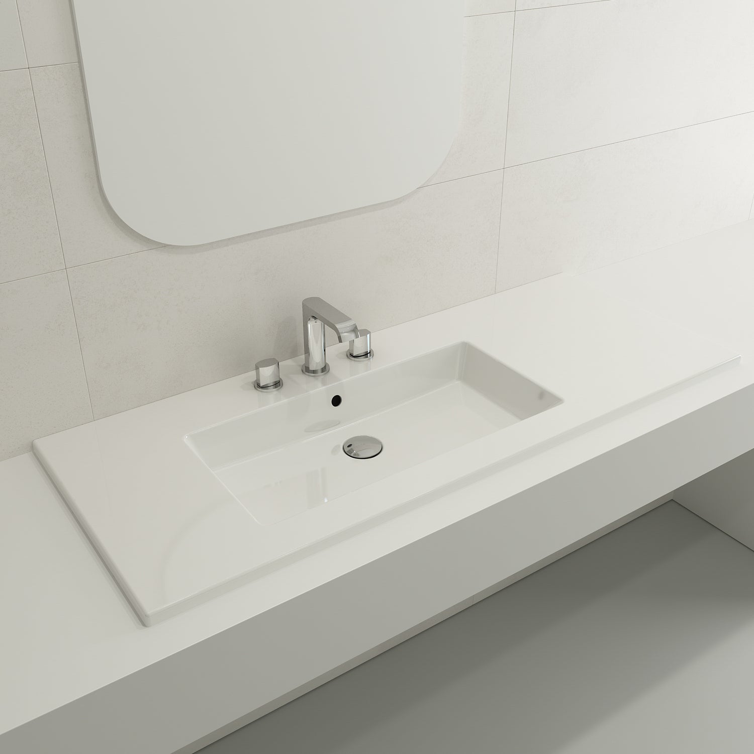 BOCCHI Ravenna 48" Rectangle Wallmount Fireclay Bathroom Sink, White, 3 Faucet Hole, 1305-001-0127