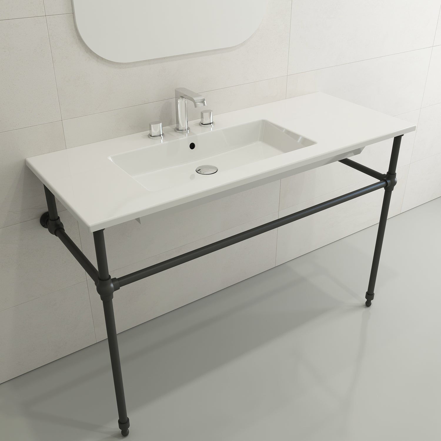 BOCCHI Ravenna 48" Rectangle Wallmount Fireclay Bathroom Sink, White, 3 Faucet Hole, 1305-001-0127