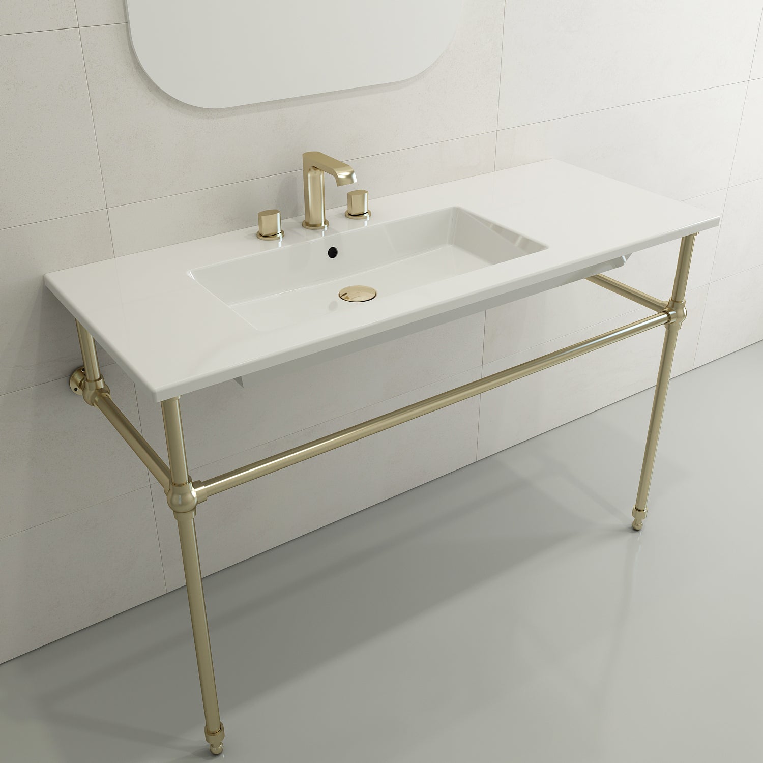 BOCCHI Ravenna 48" Rectangle Wallmount Fireclay Bathroom Sink, White, 3 Faucet Hole, 1305-001-0127
