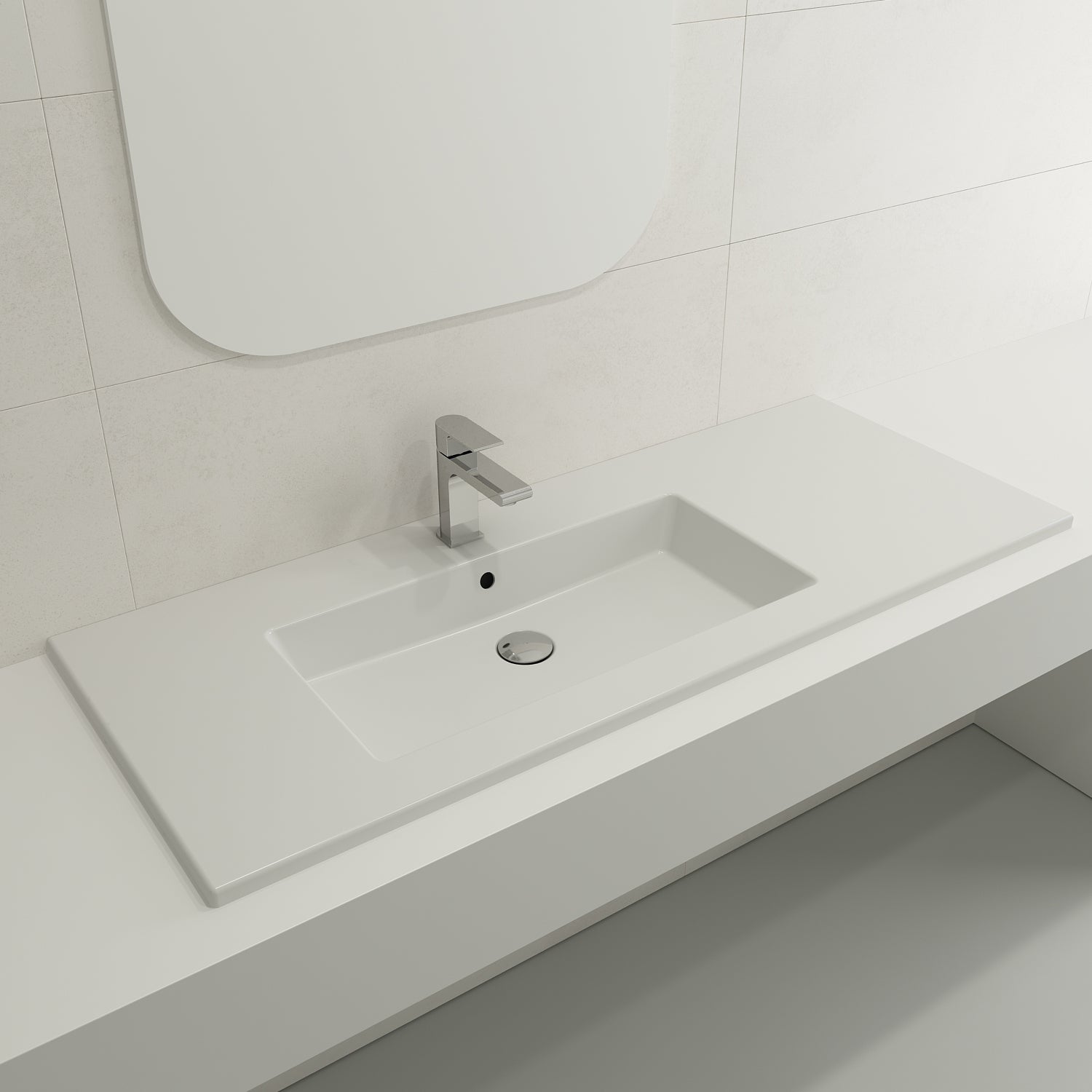 BOCCHI Ravenna 48" Rectangle Wallmount Fireclay Bathroom Sink, Matte White, Single Faucet Hole, 1305-002-0126