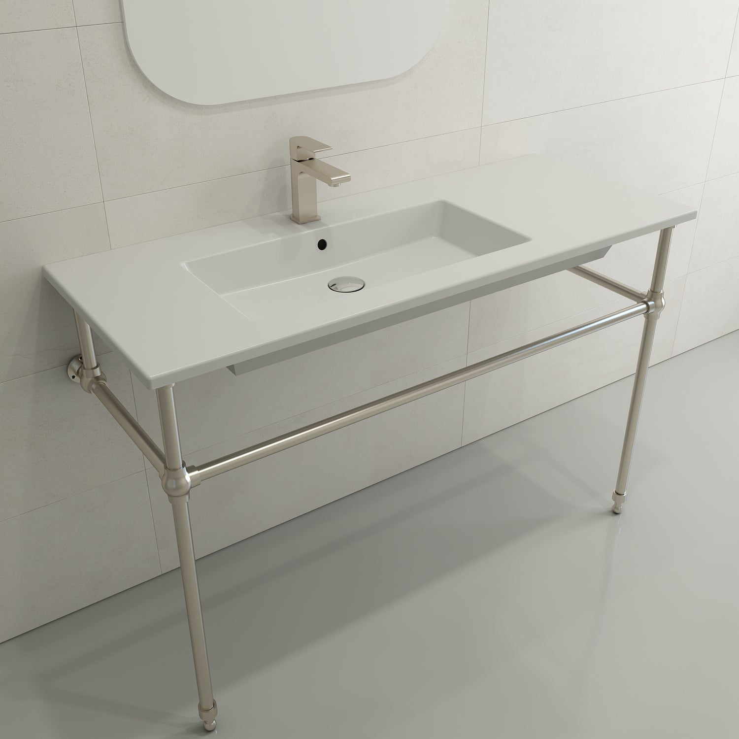 BOCCHI Ravenna 48" Rectangle Wallmount Fireclay Bathroom Sink, Matte White, Single Faucet Hole, 1305-002-0126