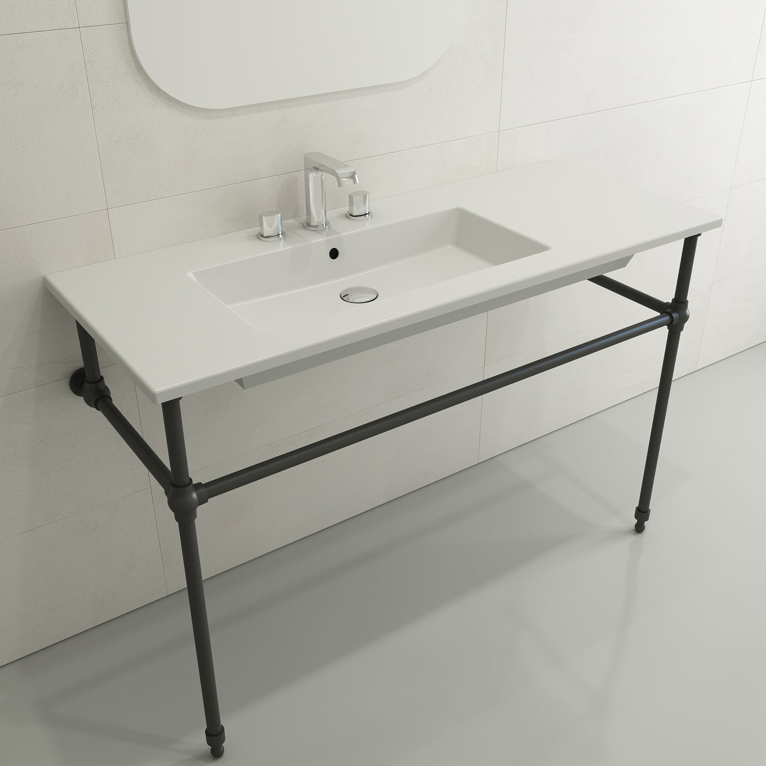 BOCCHI Ravenna 48" Rectangle Wallmount Fireclay Bathroom Sink, Matte White, 3 Faucet Hole, 1305-002-0127