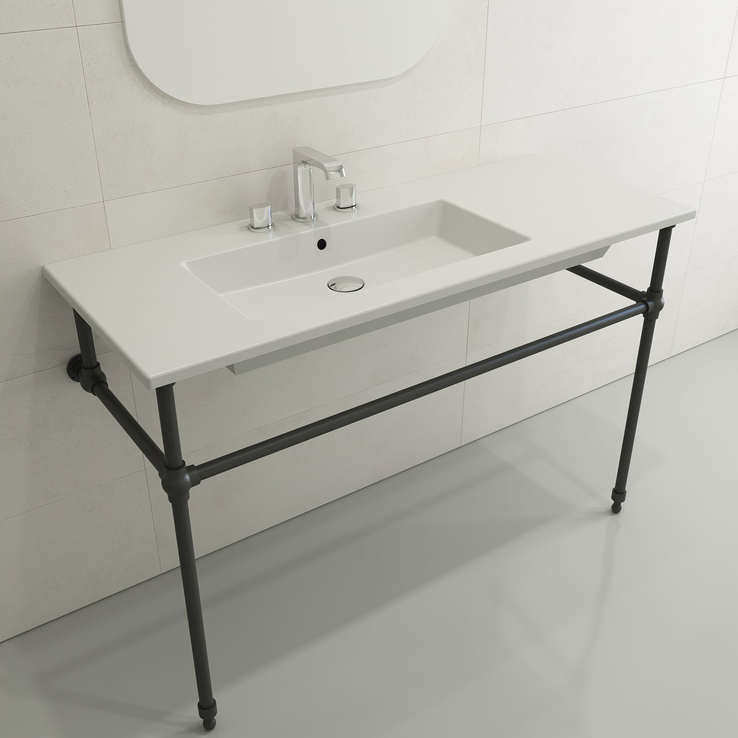 BOCCHI Ravenna 48" Rectangle Wallmount Fireclay Bathroom Sink, Matte White, 3 Faucet Hole, 1305-002-0127