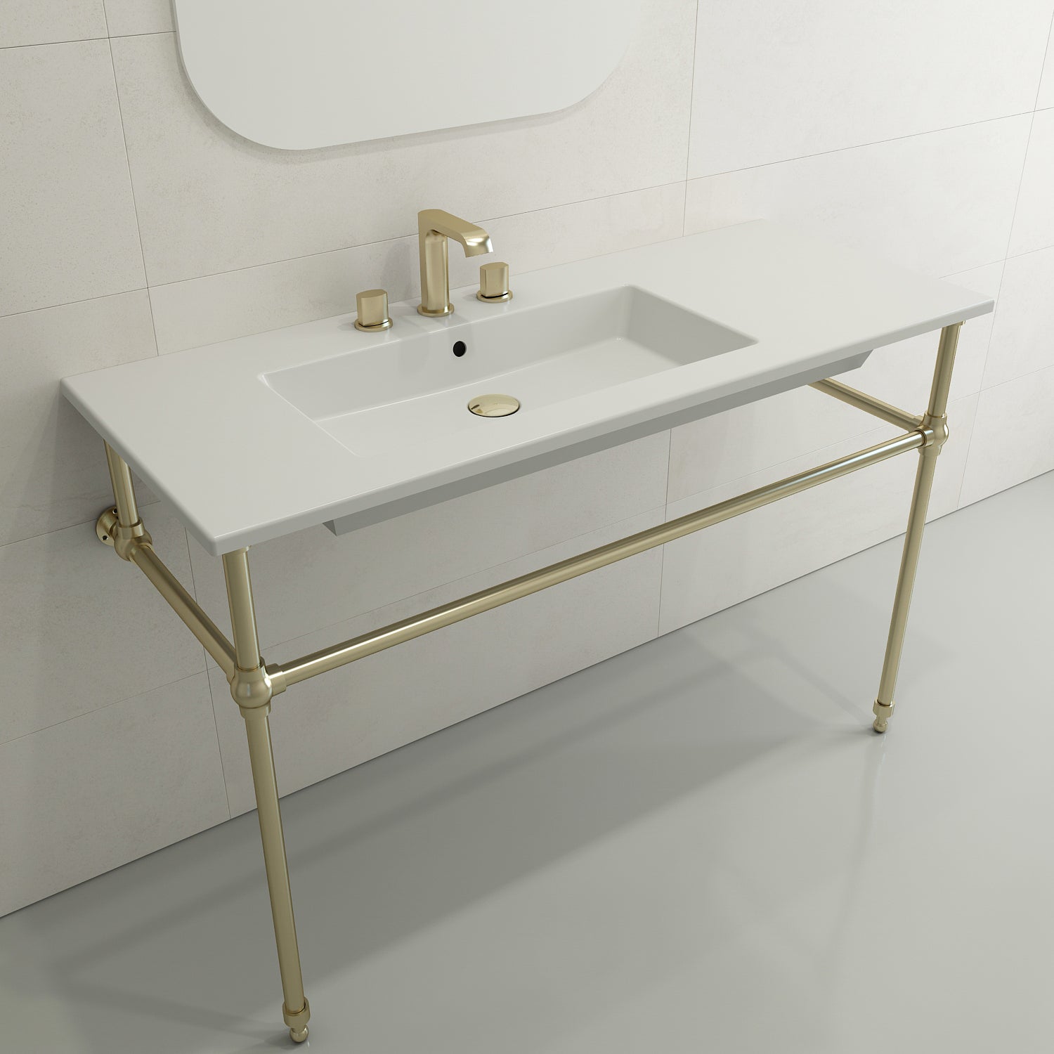 BOCCHI Ravenna 48" Rectangle Wallmount Fireclay Bathroom Sink, Matte White, 3 Faucet Hole, 1305-002-0127