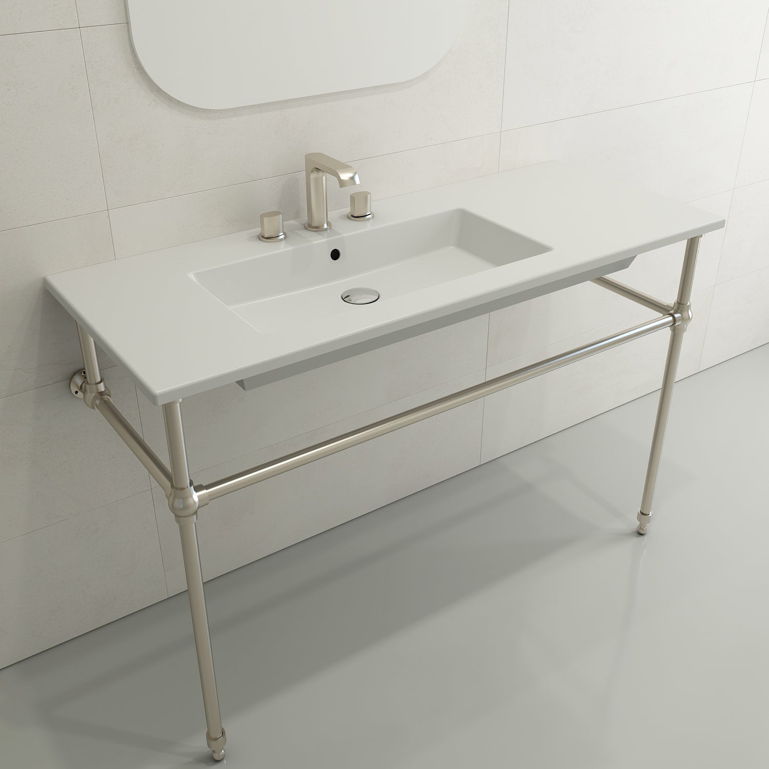 BOCCHI Ravenna 48" Rectangle Wallmount Fireclay Bathroom Sink, Matte White, 3 Faucet Hole, 1305-002-0127