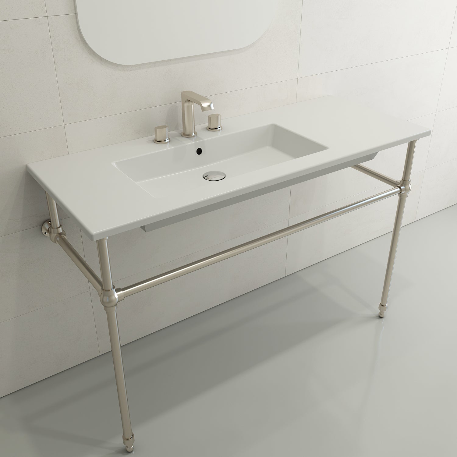 BOCCHI Ravenna 48" Rectangle Wallmount Fireclay Bathroom Sink, Matte White, 3 Faucet Hole, 1305-002-0127