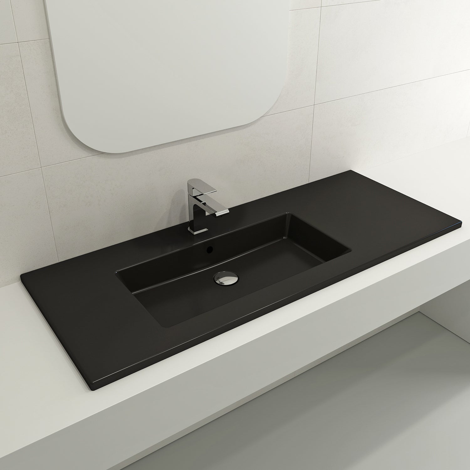 BOCCHI Ravenna 48" Rectangle Wallmount Fireclay Bathroom Sink, Matte Black , Single Faucet Hole, 1305-004-0126