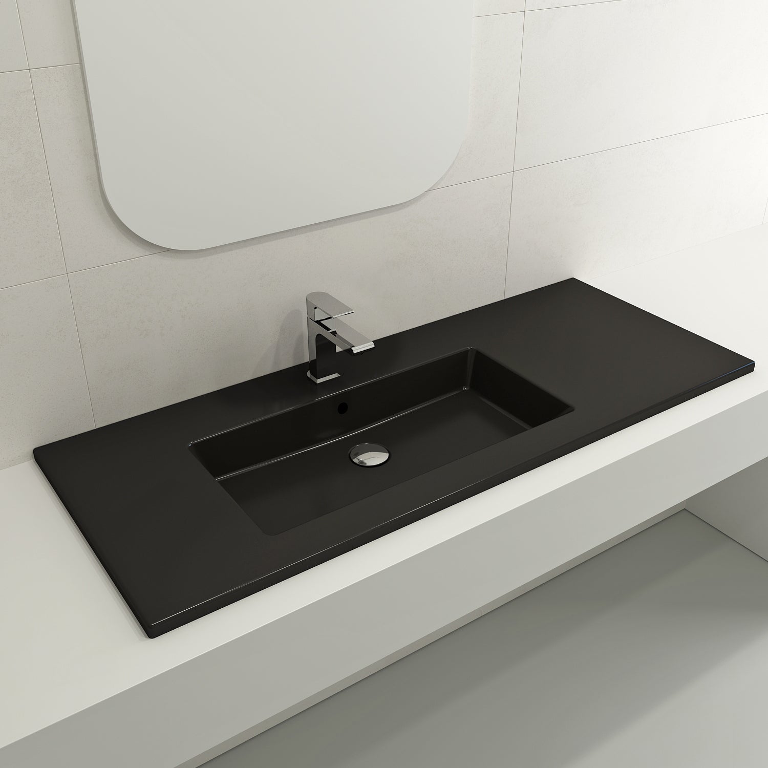 BOCCHI Ravenna 48" Rectangle Wallmount Fireclay Bathroom Sink, Matte Black , Single Faucet Hole, 1305-004-0126