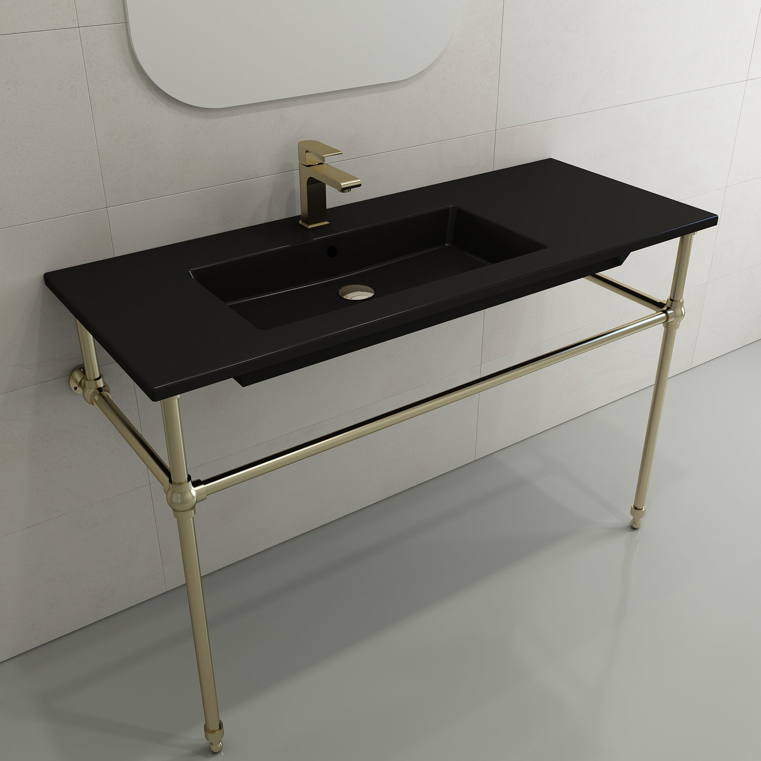 BOCCHI Ravenna 48" Rectangle Wallmount Fireclay Bathroom Sink, Matte Black , Single Faucet Hole, 1305-004-0126