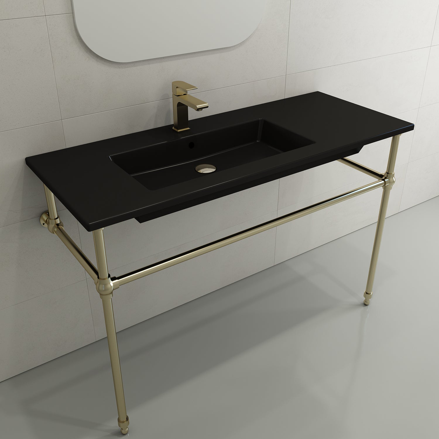 BOCCHI Ravenna 48" Rectangle Wallmount Fireclay Bathroom Sink, Matte Black , Single Faucet Hole, 1305-004-0126