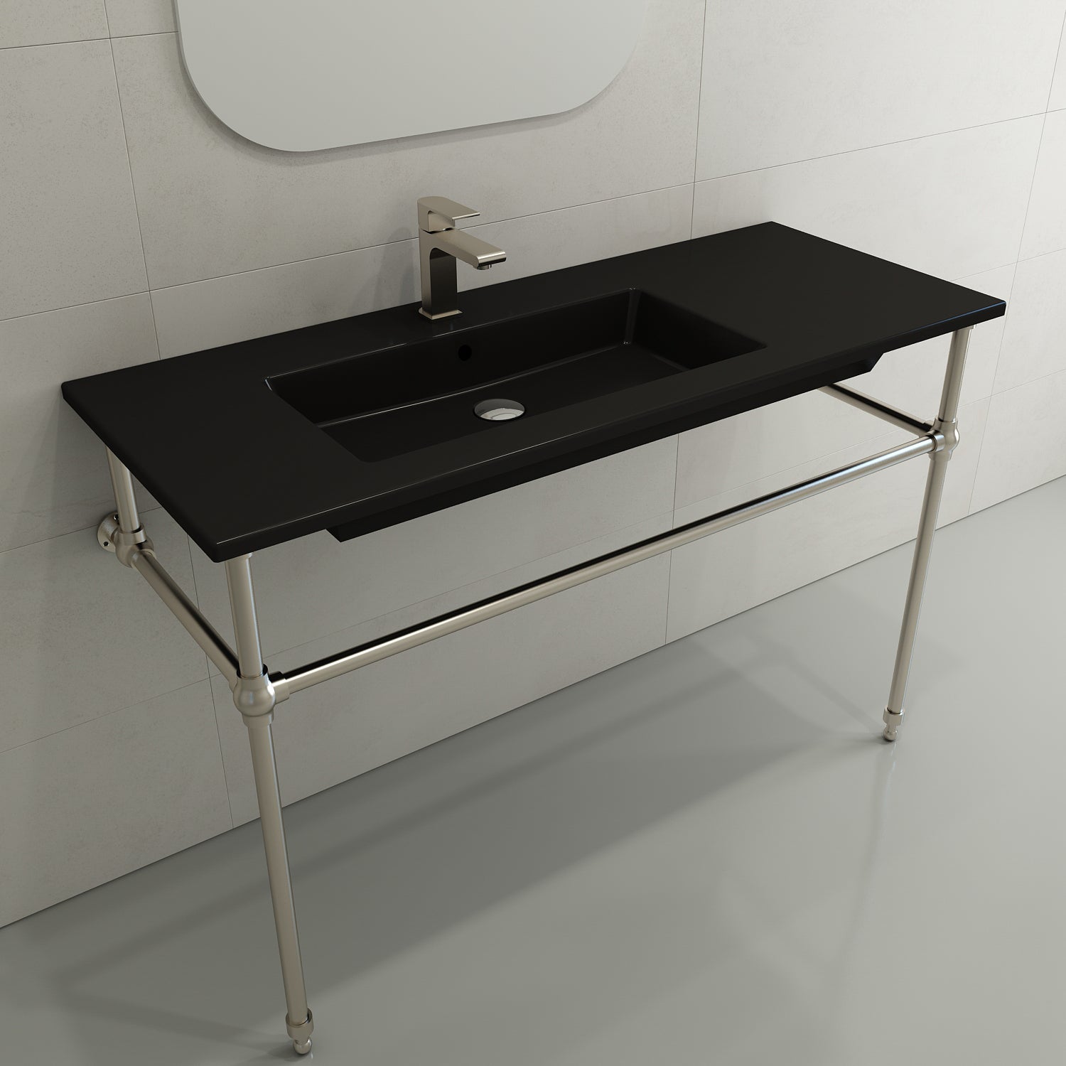 BOCCHI Ravenna 48" Rectangle Wallmount Fireclay Bathroom Sink, Matte Black , Single Faucet Hole, 1305-004-0126