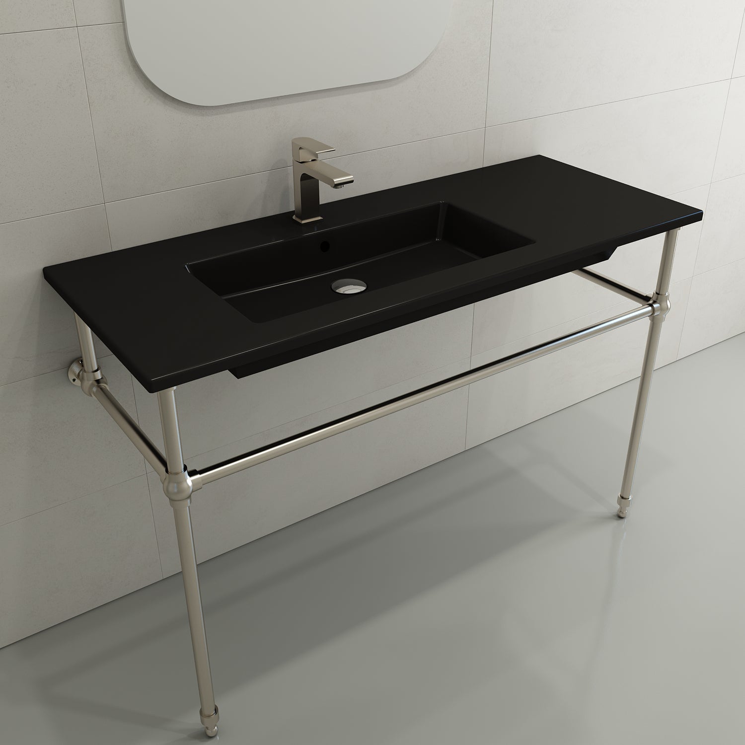BOCCHI Ravenna 48" Rectangle Wallmount Fireclay Bathroom Sink, Matte Black , Single Faucet Hole, 1305-004-0126
