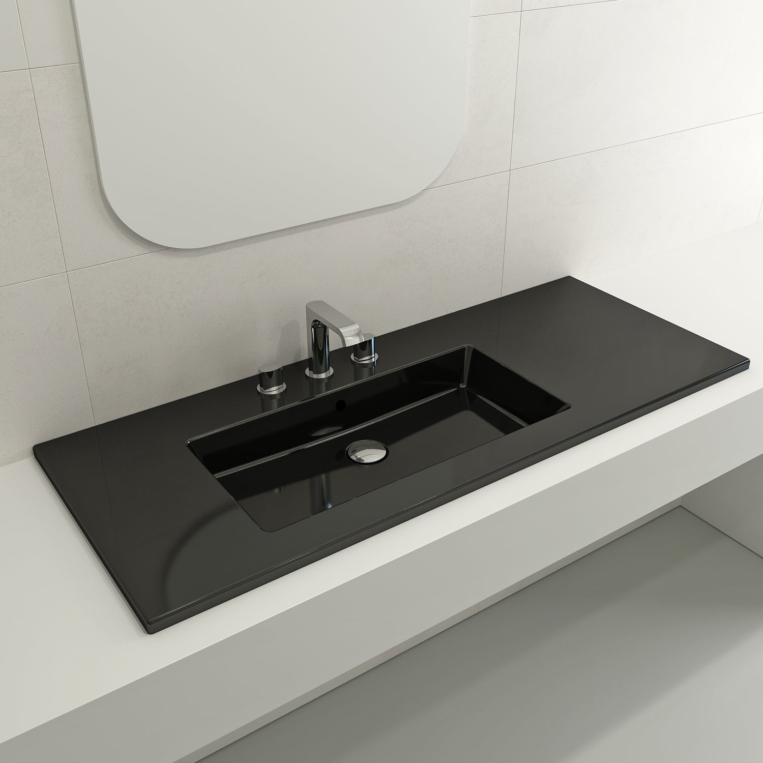 BOCCHI Ravenna 48" Rectangle Wallmount Fireclay Bathroom Sink, Black, 3 Faucet Hole, 1305-005-0127