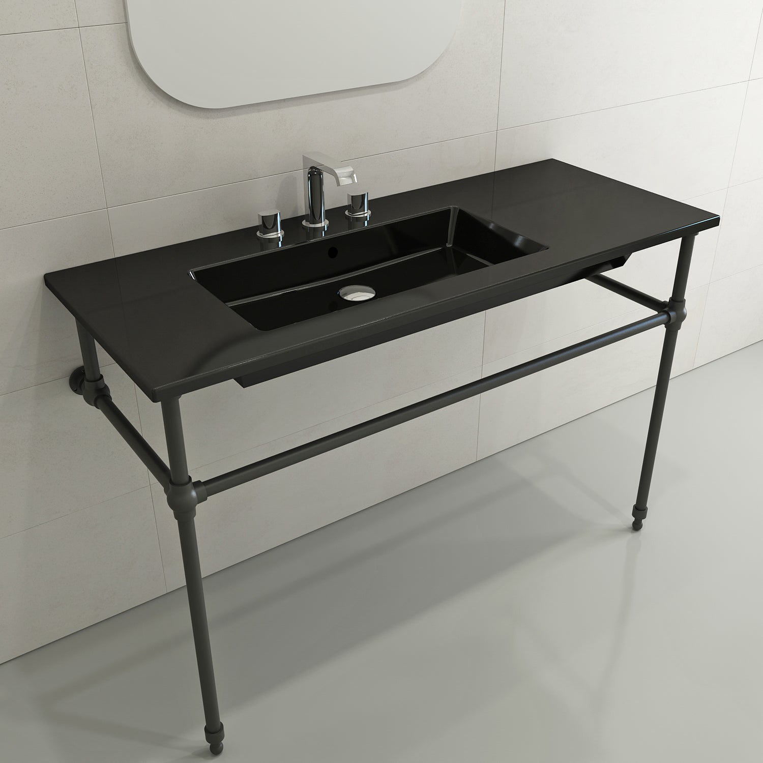 BOCCHI Ravenna 48" Rectangle Wallmount Fireclay Bathroom Sink, Black, 3 Faucet Hole, 1305-005-0127