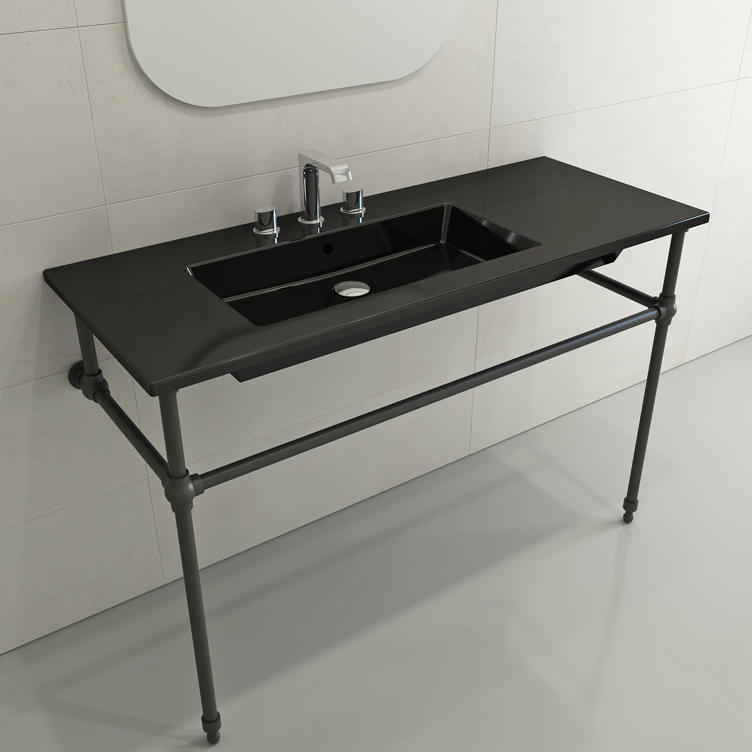BOCCHI Ravenna 48" Rectangle Wallmount Fireclay Bathroom Sink, Black, 3 Faucet Hole, 1305-005-0127