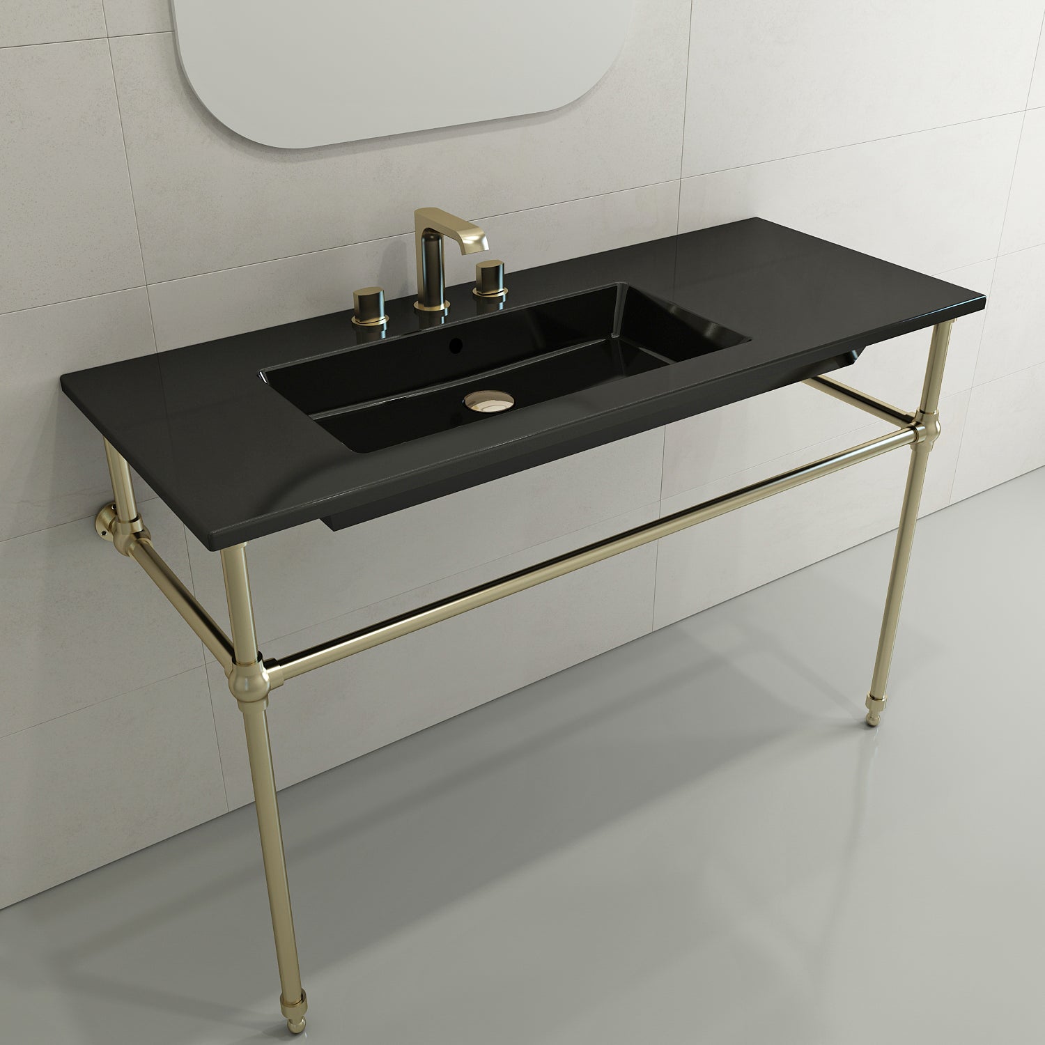 BOCCHI Ravenna 48" Rectangle Wallmount Fireclay Bathroom Sink, Black, 3 Faucet Hole, 1305-005-0127