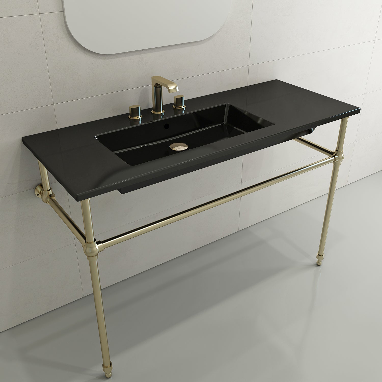 BOCCHI Ravenna 48" Rectangle Wallmount Fireclay Bathroom Sink, Black, 3 Faucet Hole, 1305-005-0127