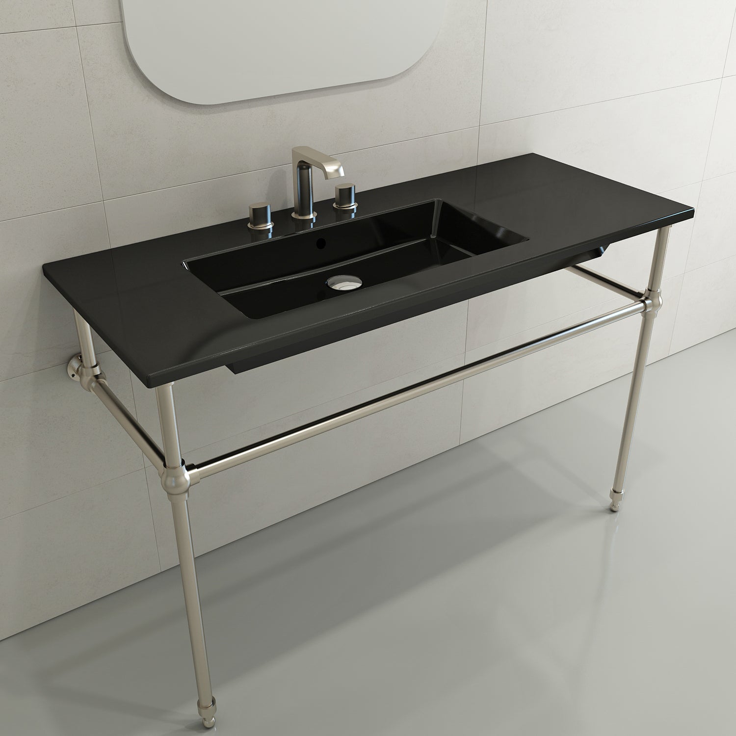 BOCCHI Ravenna 48" Rectangle Wallmount Fireclay Bathroom Sink, Black, 3 Faucet Hole, 1305-005-0127