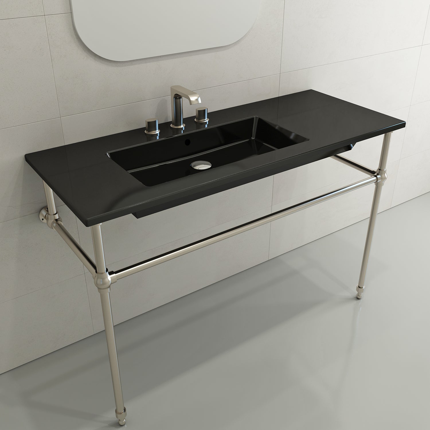BOCCHI Ravenna 48" Rectangle Wallmount Fireclay Bathroom Sink, Black, 3 Faucet Hole, 1305-005-0127