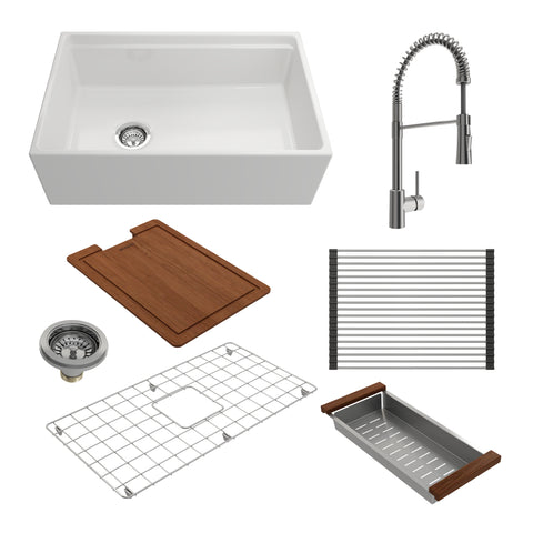 BOCCHI Contempo 30" Fireclay Workstation Farmhouse Sink Kit with Faucet and Accessories, White (sink) / Stainless Steel (faucet), 1344-001-2020SS