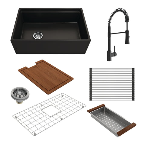 BOCCHI Contempo 30" Fireclay Workstation Farmhouse Sink Kit with Faucet and Accessories, Matte Black (sink) / Matte Black (faucet), 1344-004-2020MB