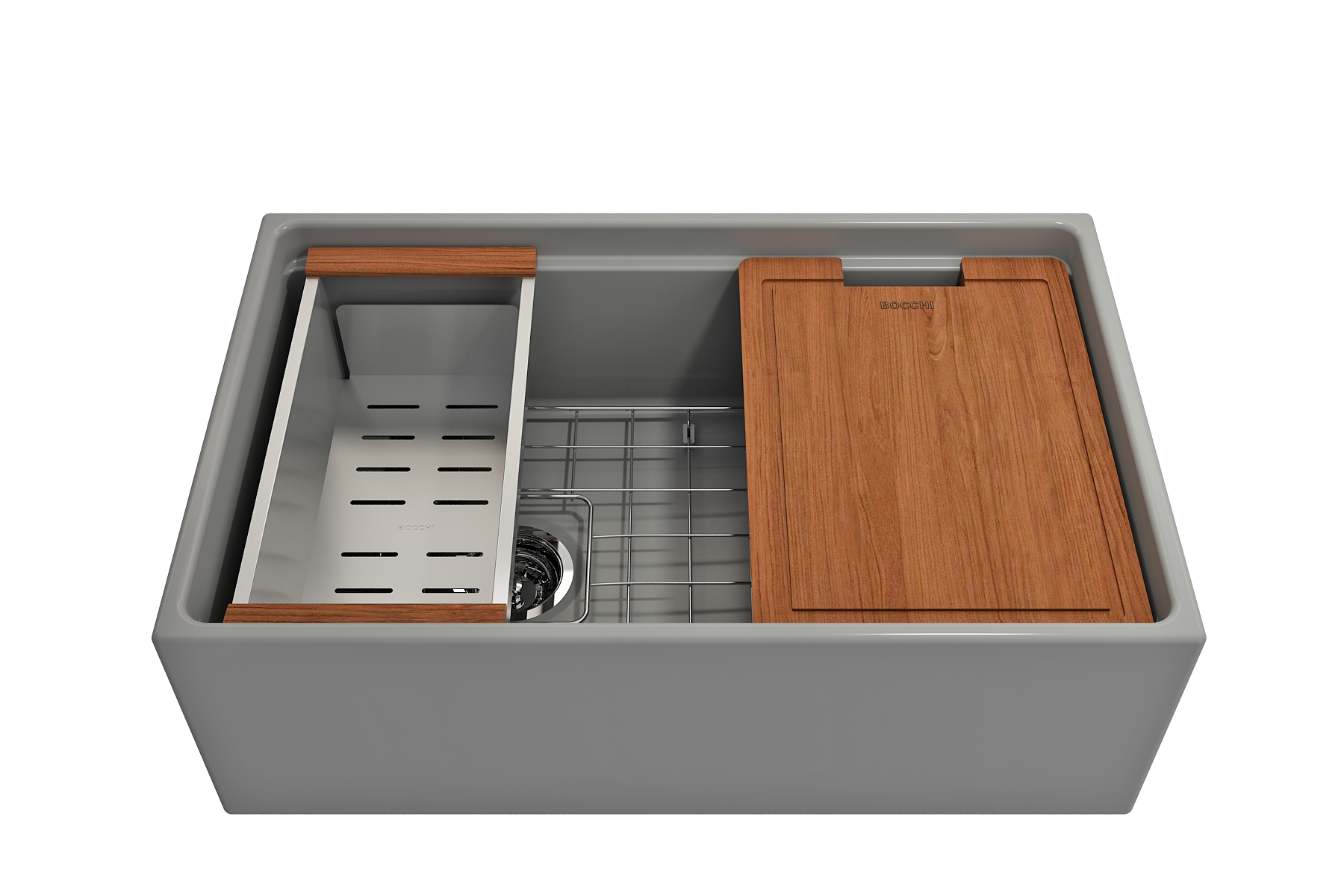 BOCCHI Contempo 30" Fireclay Workstation Farmhouse Sink with Accessories, Matte Gray, 1344-006-0120