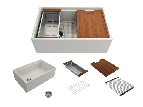BOCCHI Contempo 30" Fireclay Workstation Farmhouse Sink with Accessories, Biscuit, 1344-014-0120