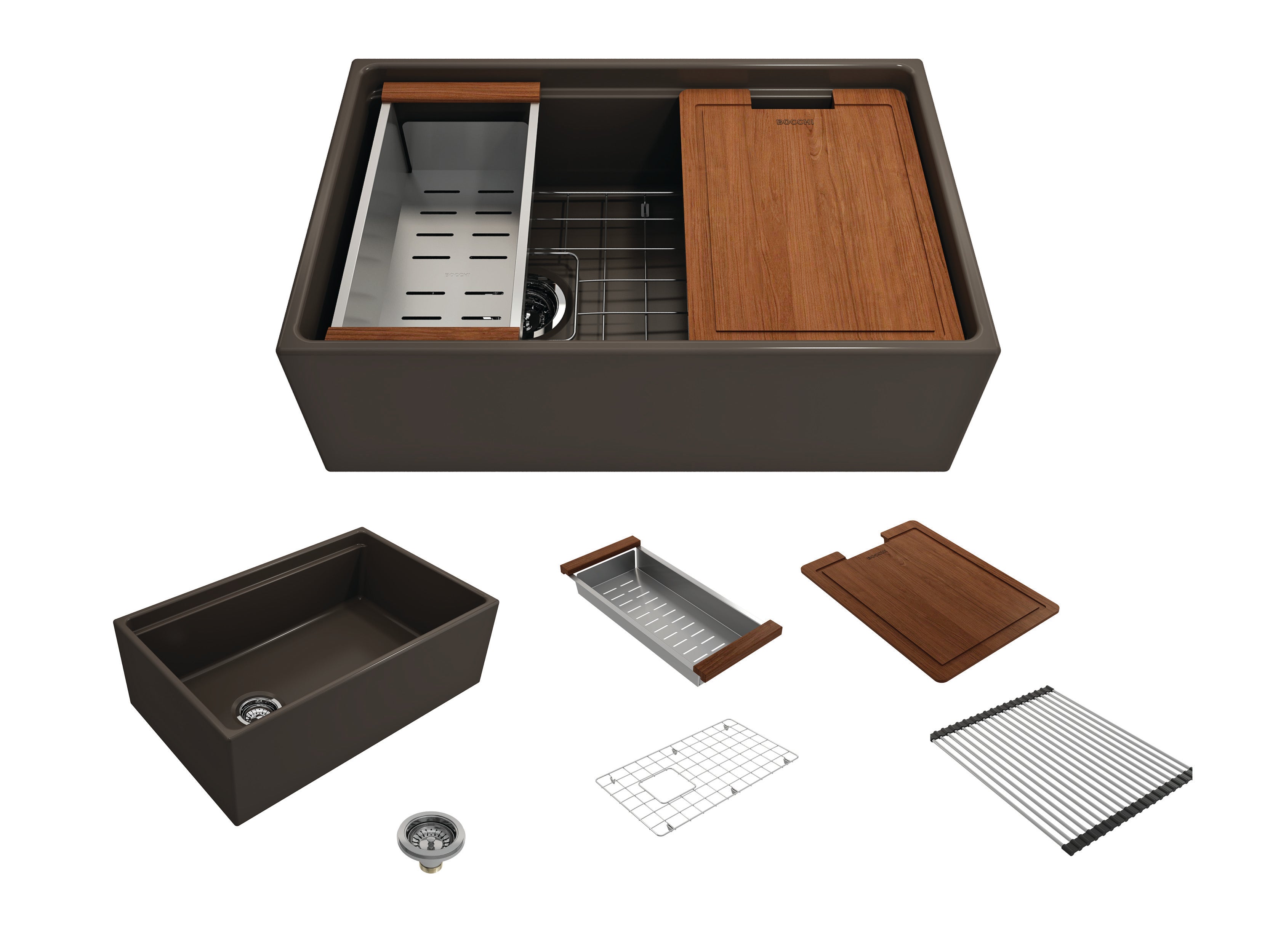 BOCCHI Contempo 30" Fireclay Workstation Farmhouse Sink with Accessories, Matte Brown, 1344-025-0120