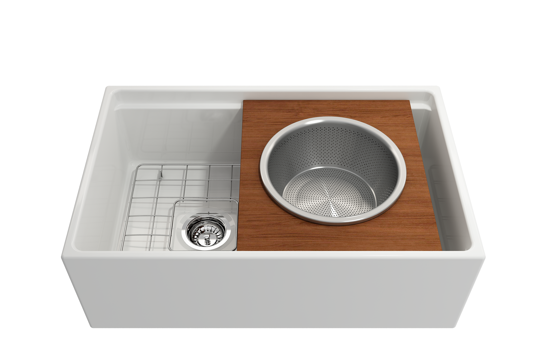 BOCCHI Wood Board with Large Round Stainless Steel Mixing Bowl and Colander