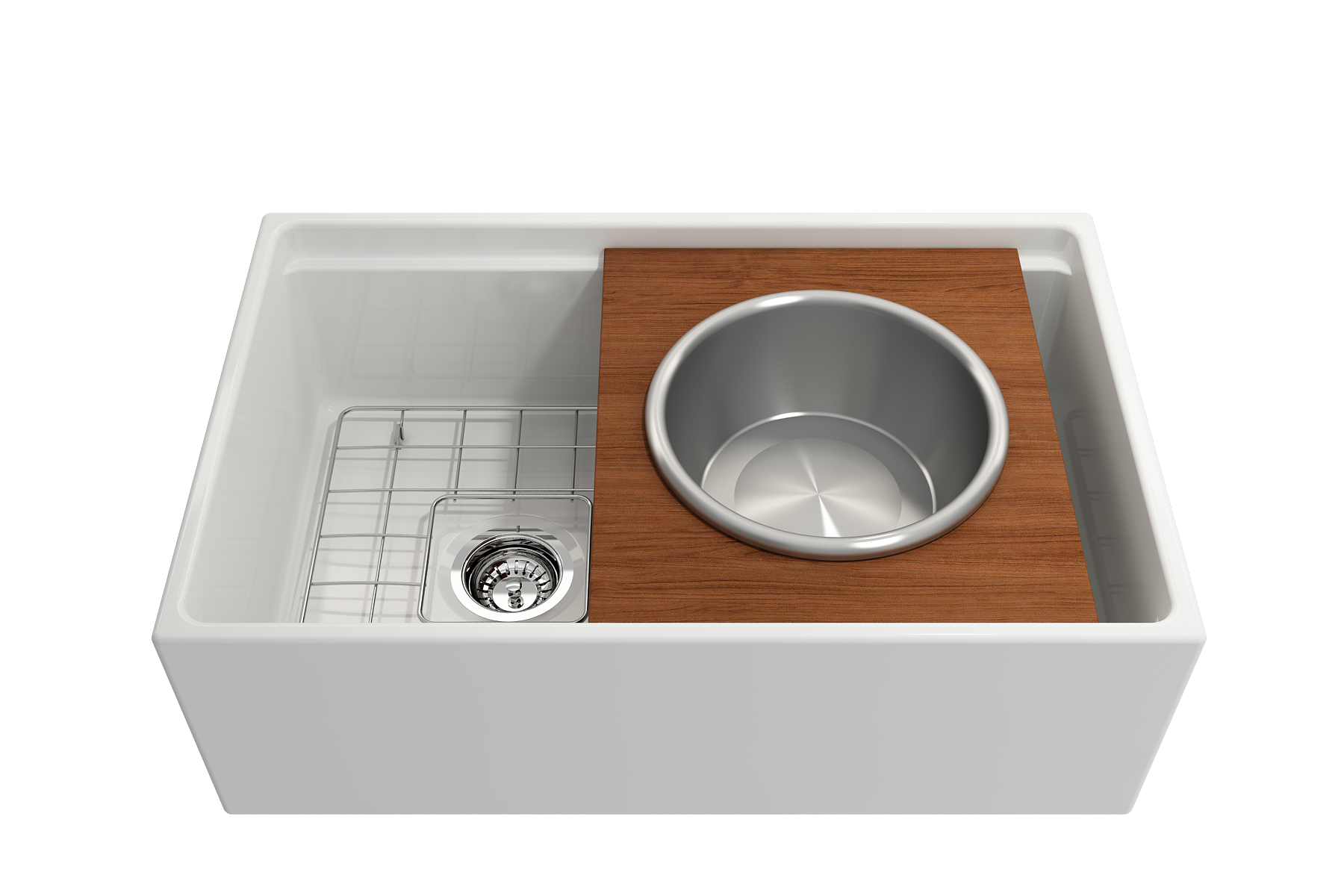 BOCCHI Wood Board with Large Round Stainless Steel Mixing Bowl and Colander