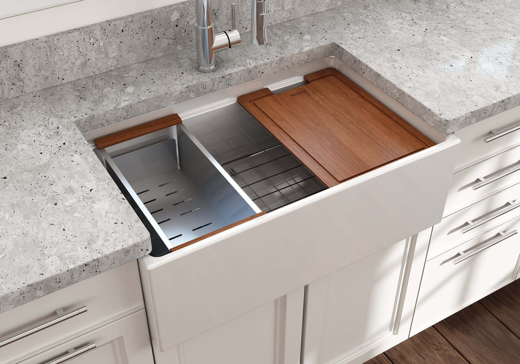 BOCCHI Contempo 30" Fireclay Workstation Farmhouse Sink with Accessories, White, 1344-001-0120