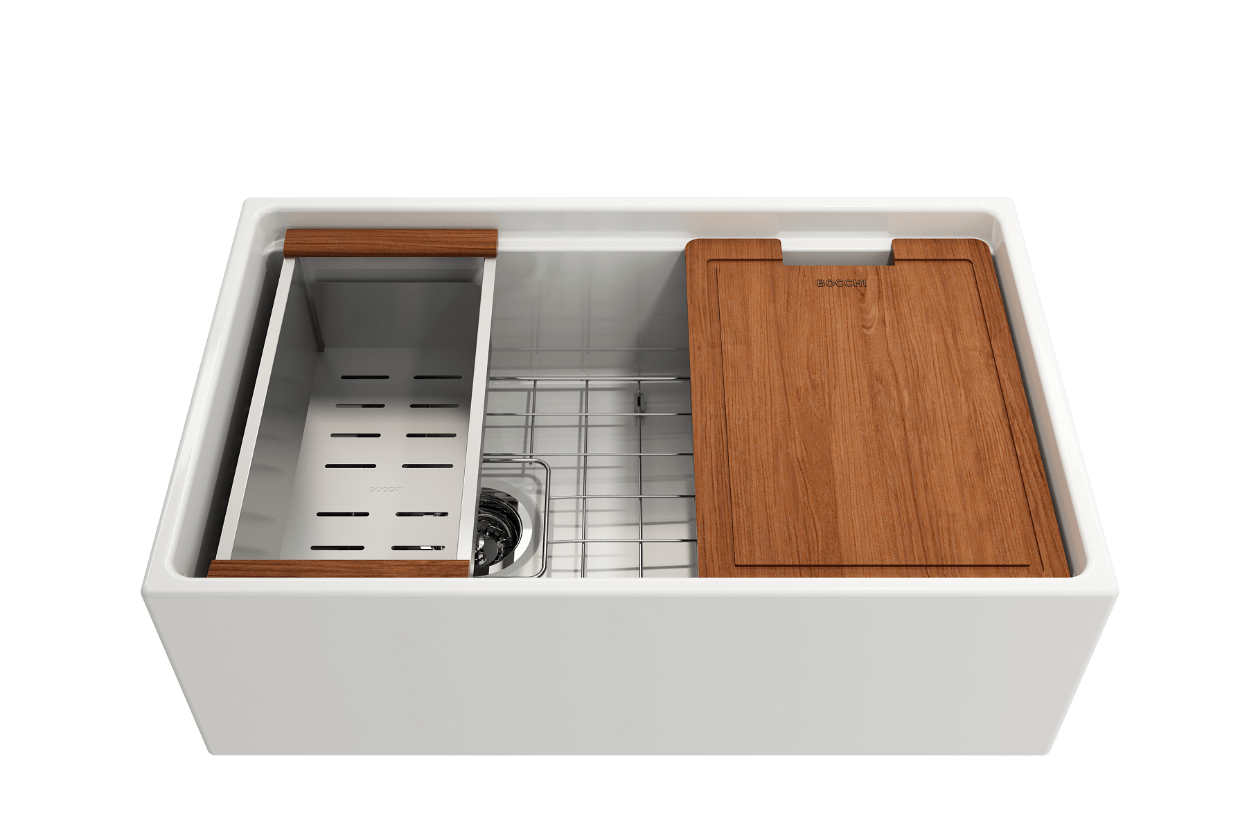 BOCCHI Contempo 30" Fireclay Workstation Farmhouse Sink with Accessories, White, 1344-001-0120
