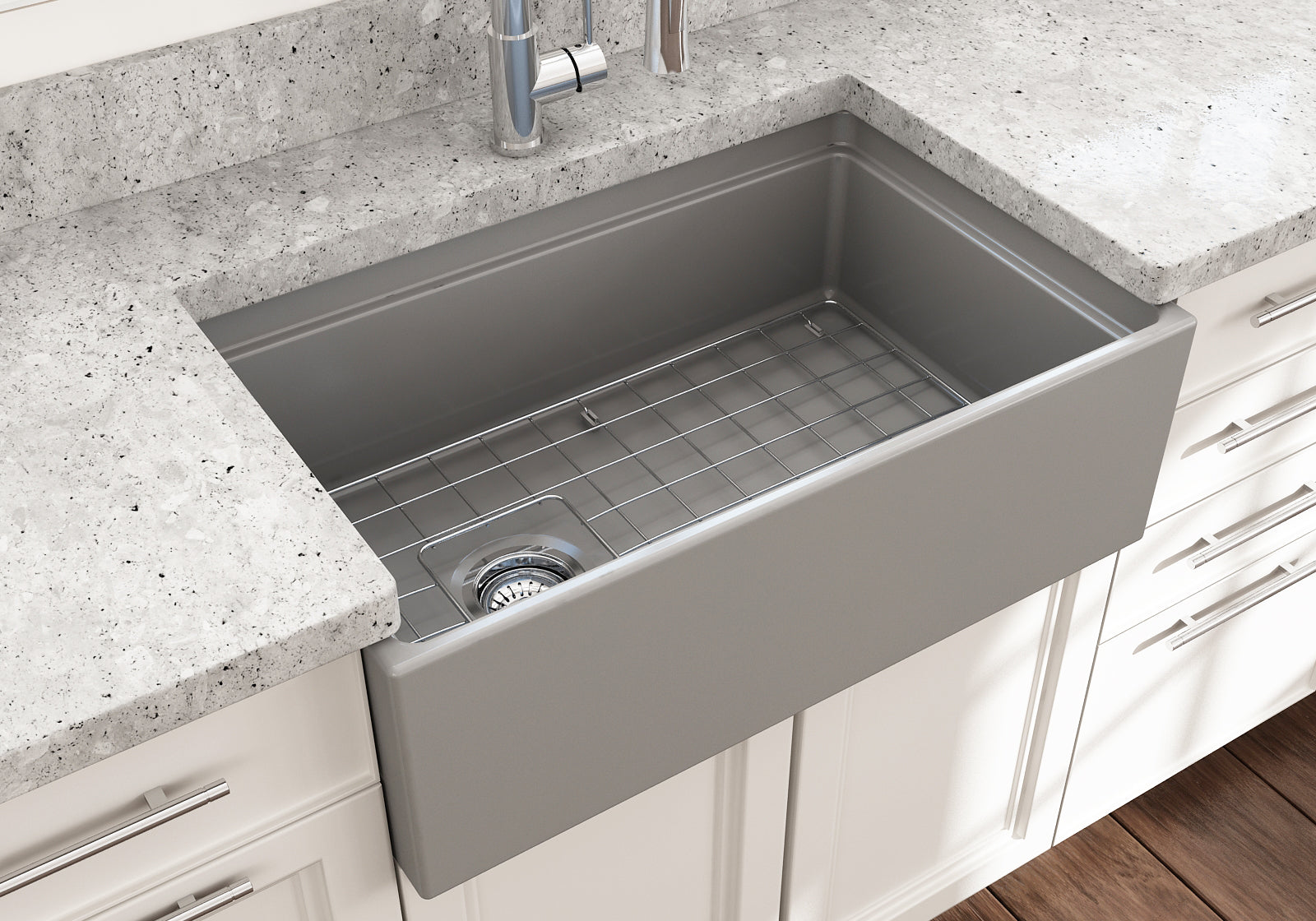 BOCCHI Contempo 30" Fireclay Workstation Farmhouse Sink with Accessories, Matte Gray, 1344-006-0120
