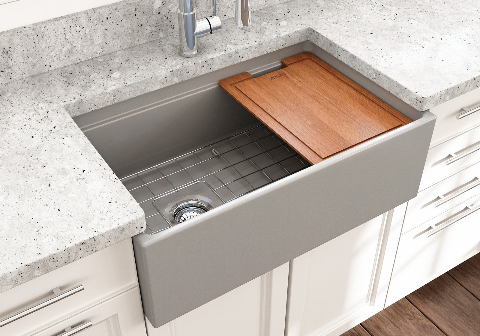 BOCCHI Contempo 30" Fireclay Workstation Farmhouse Sink with Accessories, Matte Gray, 1344-006-0120