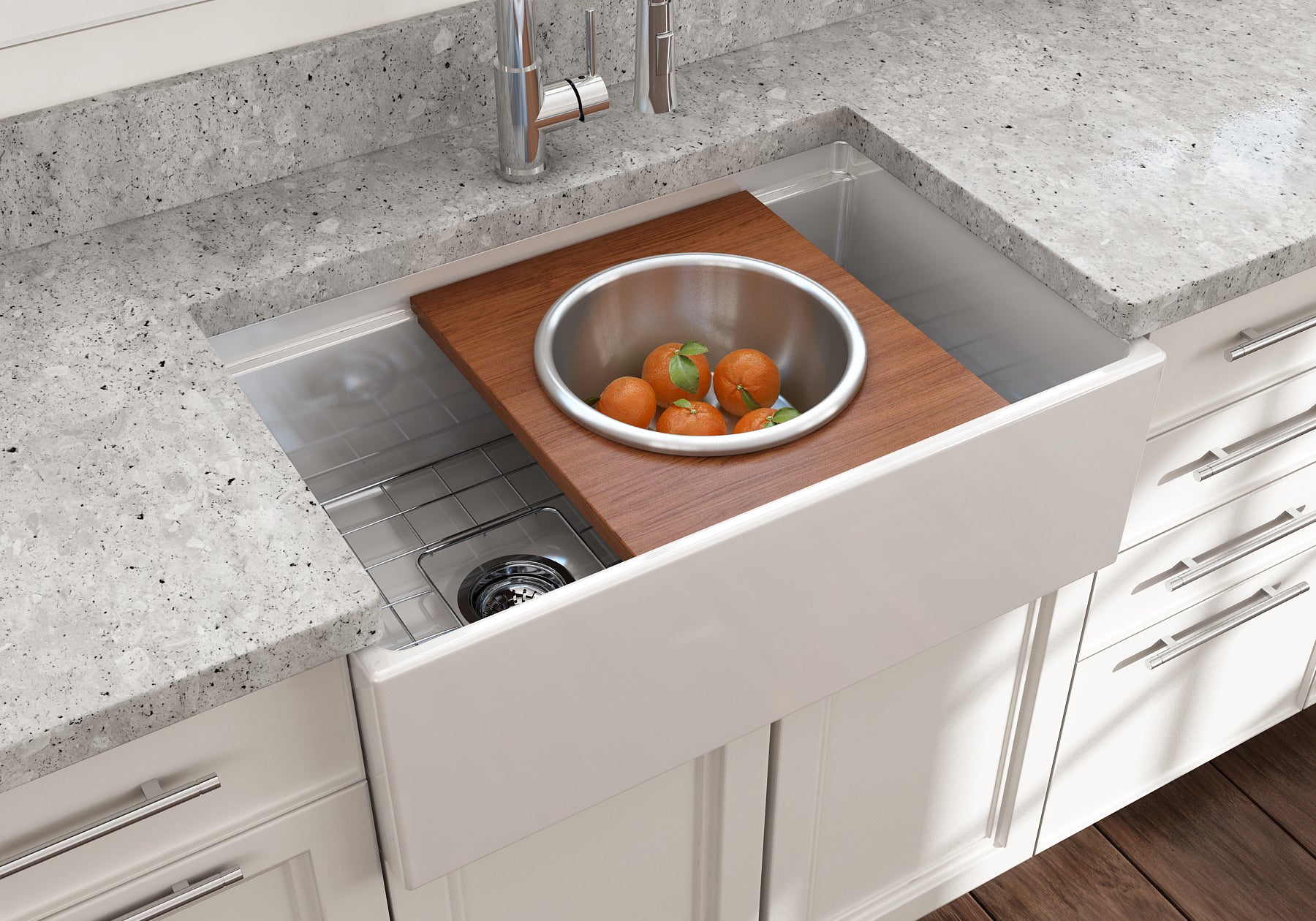 BOCCHI Wood Board with Large Round Stainless Steel Mixing Bowl and Colander