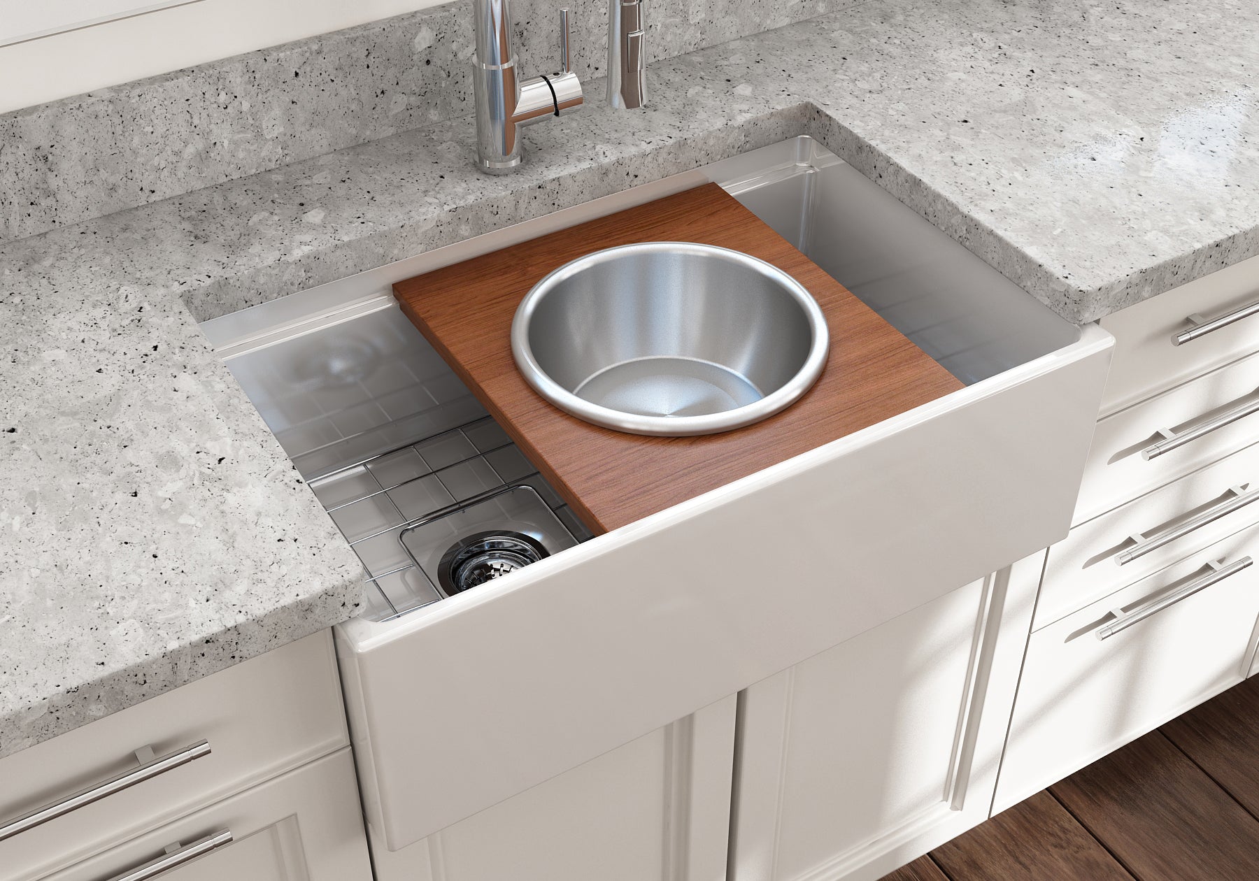 BOCCHI Wood Board with Large Round Stainless Steel Mixing Bowl and Colander