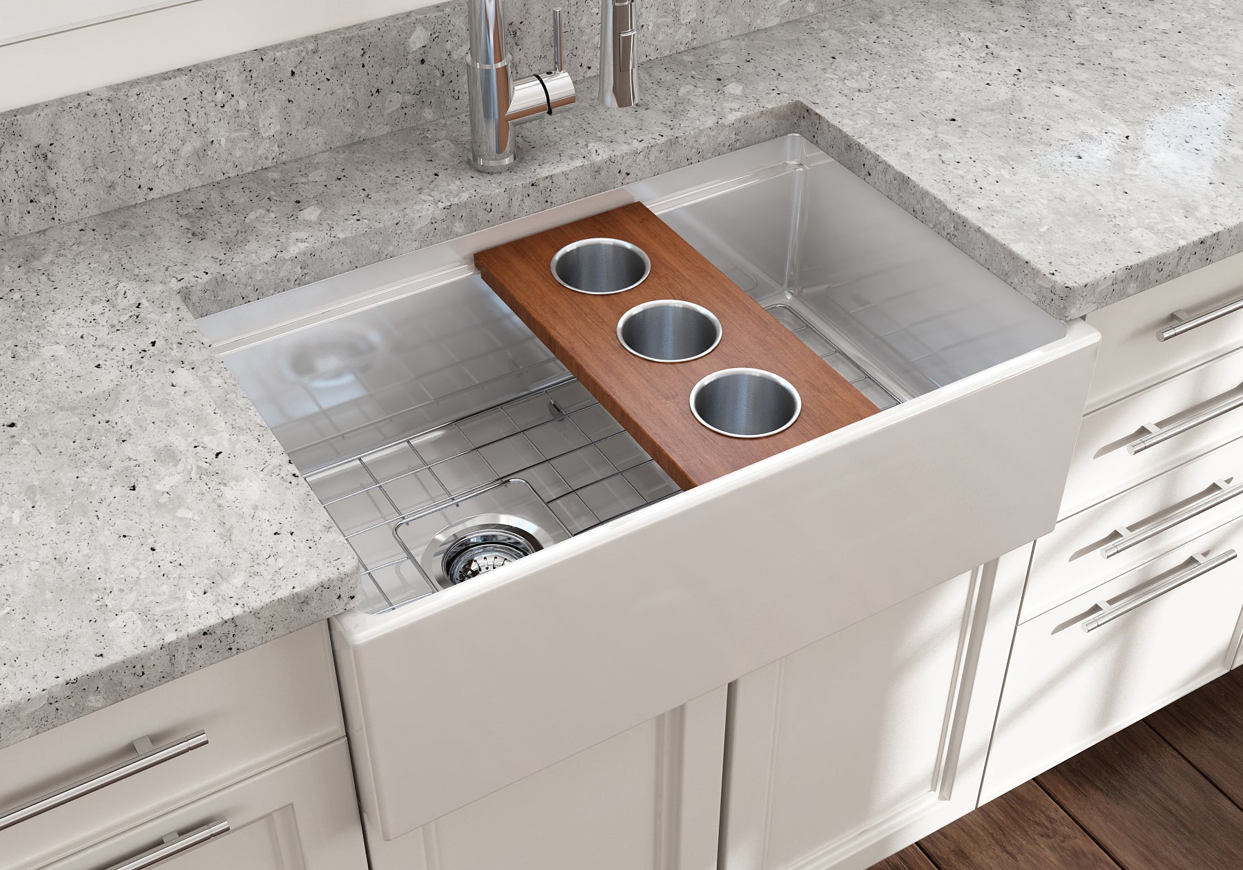 BOCCHI Wood Board with 3 Round Stainless Steel Bowls