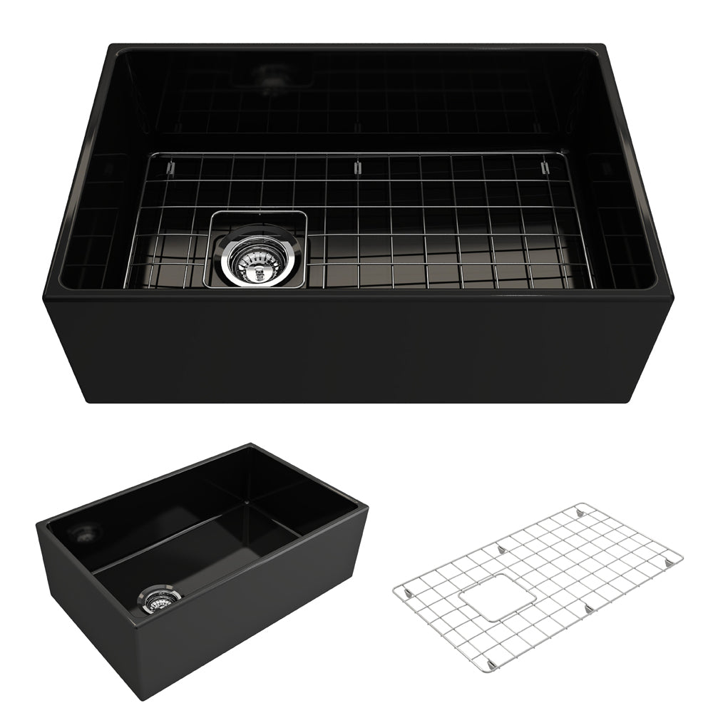 BOCCHI Contempo 30" Fireclay Workstation Farmhouse Sink with Accessories, Black, 1344-005-0120
