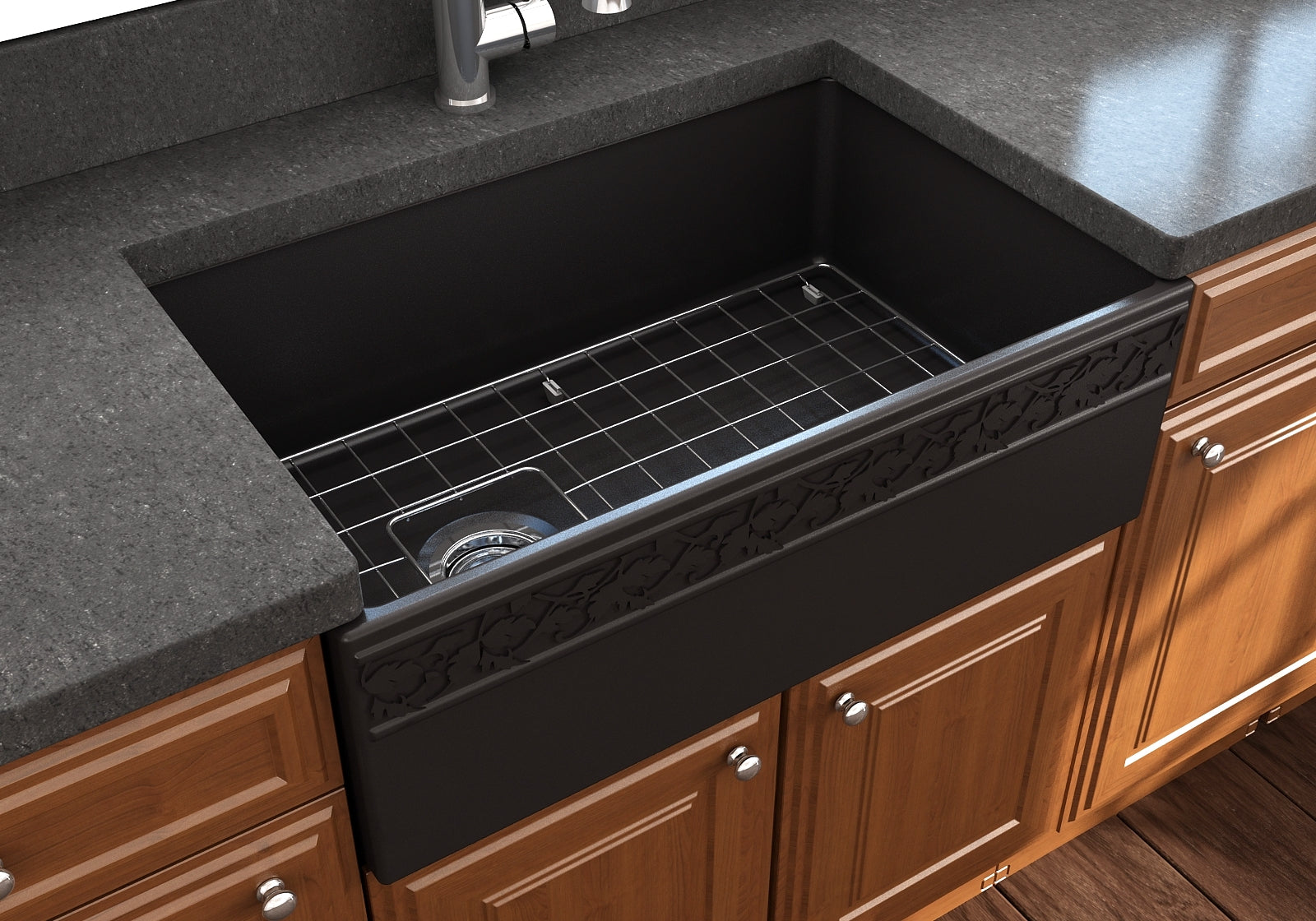 BOCCHI Vigneto 30" Fireclay Farmhouse Apron Single Bowl Kitchen Sink, Matte Black, 1347-004-0120