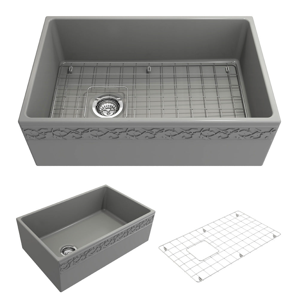BOCCHI Vigneto 30" Fireclay Farmhouse Apron Single Bowl Kitchen Sink, Matte Gray, 1347-006-0120