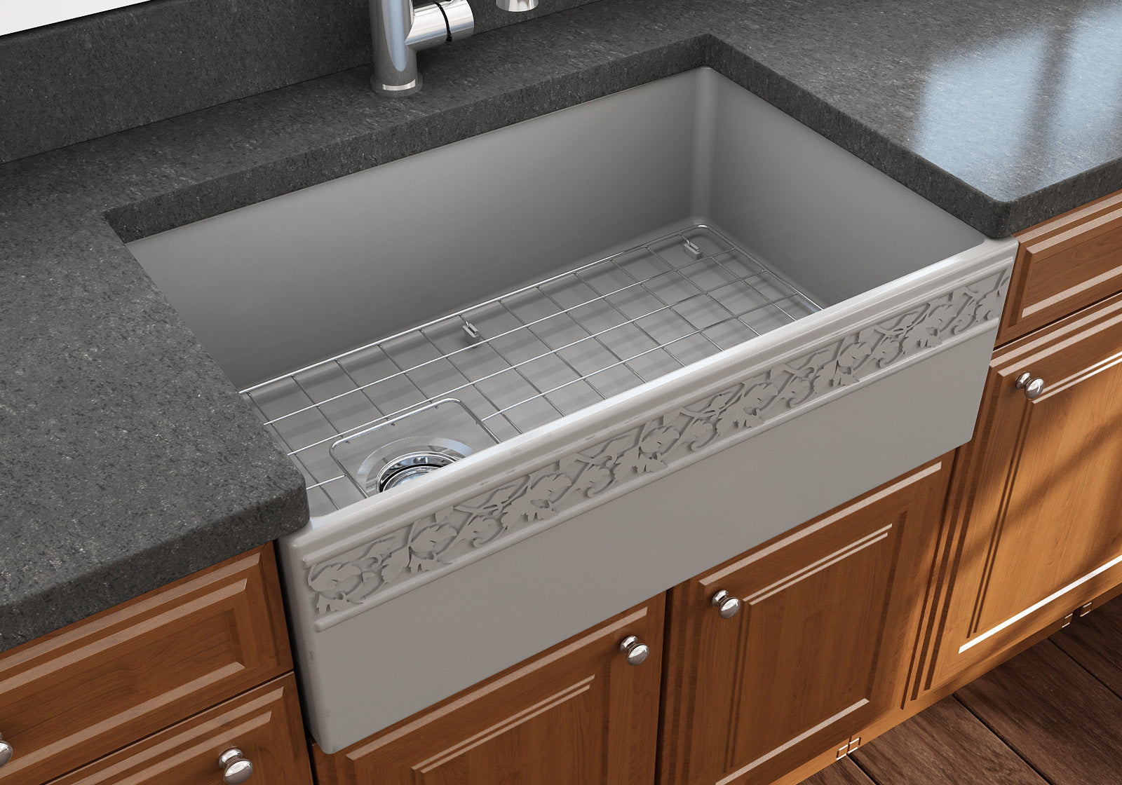 BOCCHI Vigneto 30" Fireclay Farmhouse Apron Single Bowl Kitchen Sink, Matte Gray, 1347-006-0120