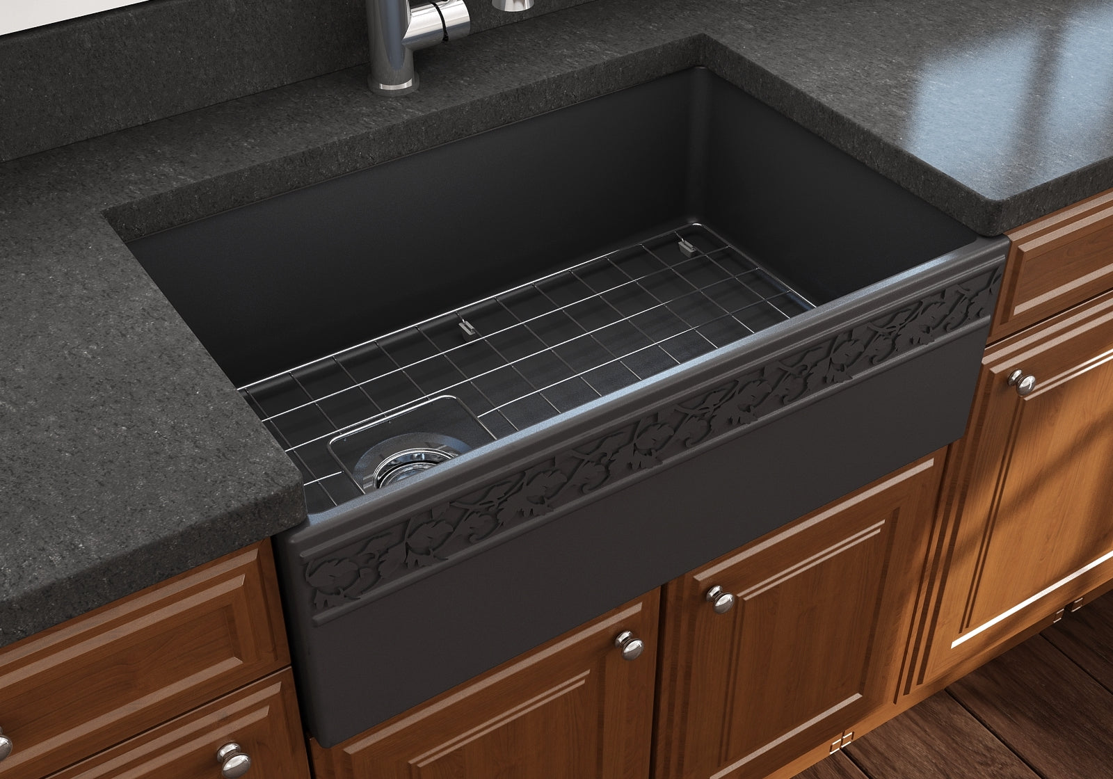 BOCCHI Vigneto 30" Fireclay Farmhouse Apron Single Bowl Kitchen Sink, Matte Dark Gray, 1347-020-0120