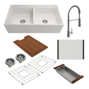 Alternate Image for BOCCHI Contempo 36" White Fireclay Workstation Farmhouse Sink Kit with Stainless Steel Faucet and Accessories, 50/50 Double Bowl, 1348-001-2020SS