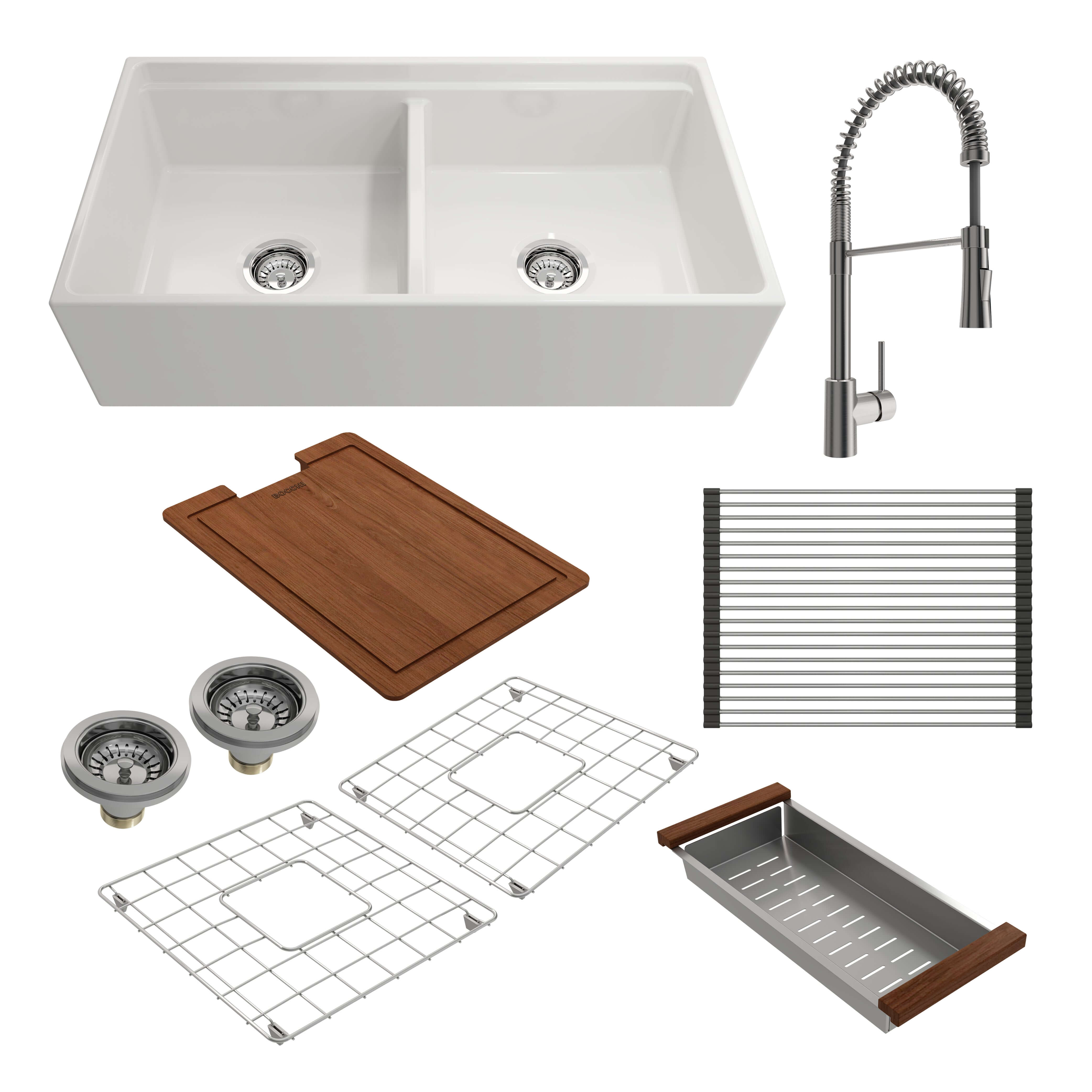 BOCCHI Contempo 36" White Fireclay Workstation Farmhouse Sink Kit with Stainless Steel Faucet and Accessories, 50/50 Double Bowl, 1348-001-2020SS